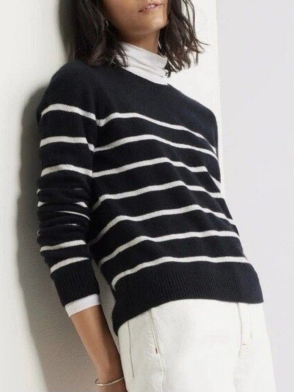 CASLON Black White Striped 100% Cashmere Crewneck Sweater Women's Size XL